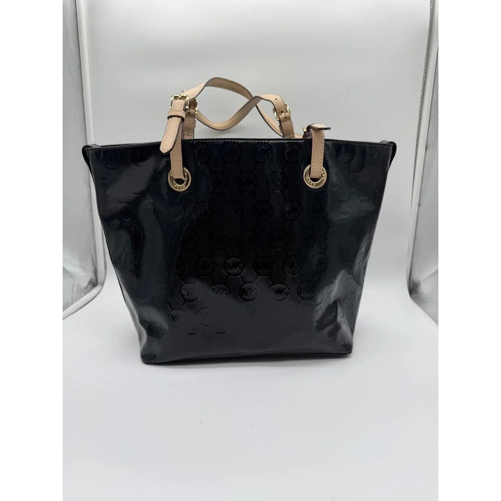 Michael Kors Black Patent Leather Monogram Tote Bag Gold‎ Hardware